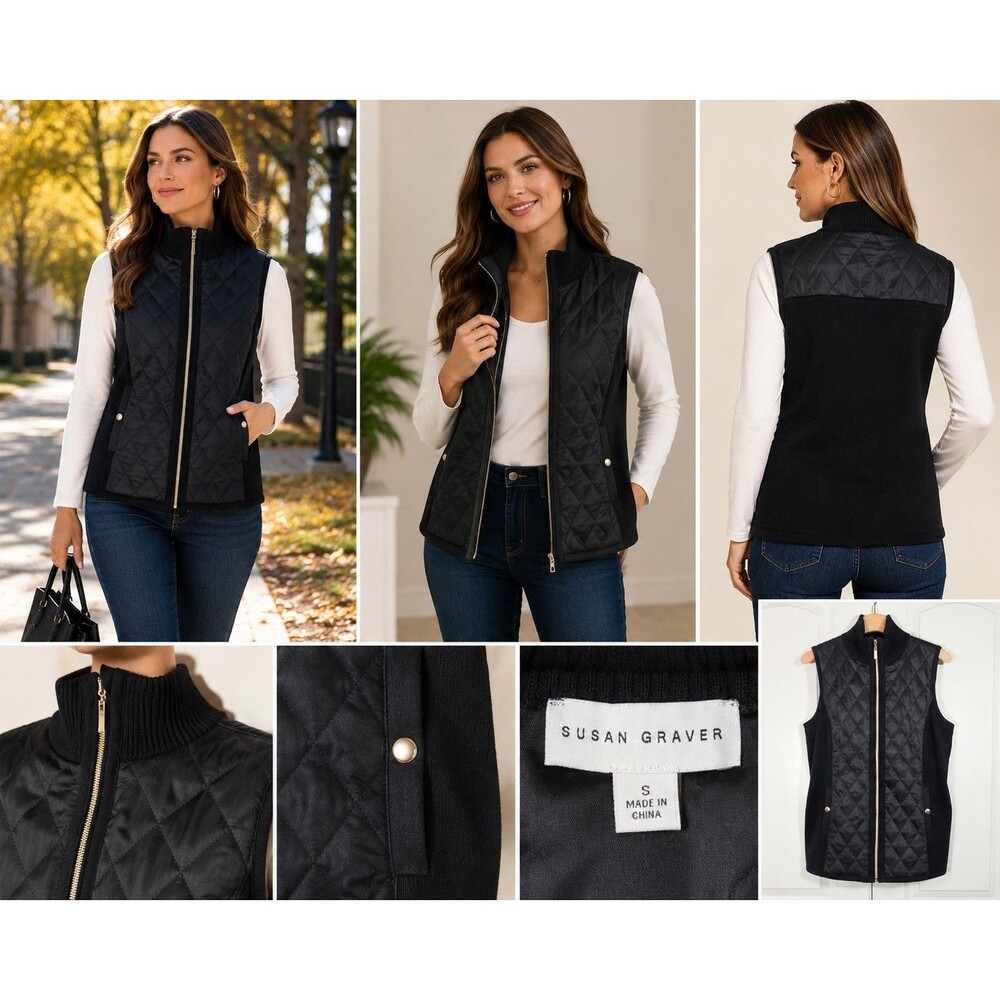 Susan Graver Women S Black Quilted Knit Zip Vest Gold Tone Pockets Quiet-luxury